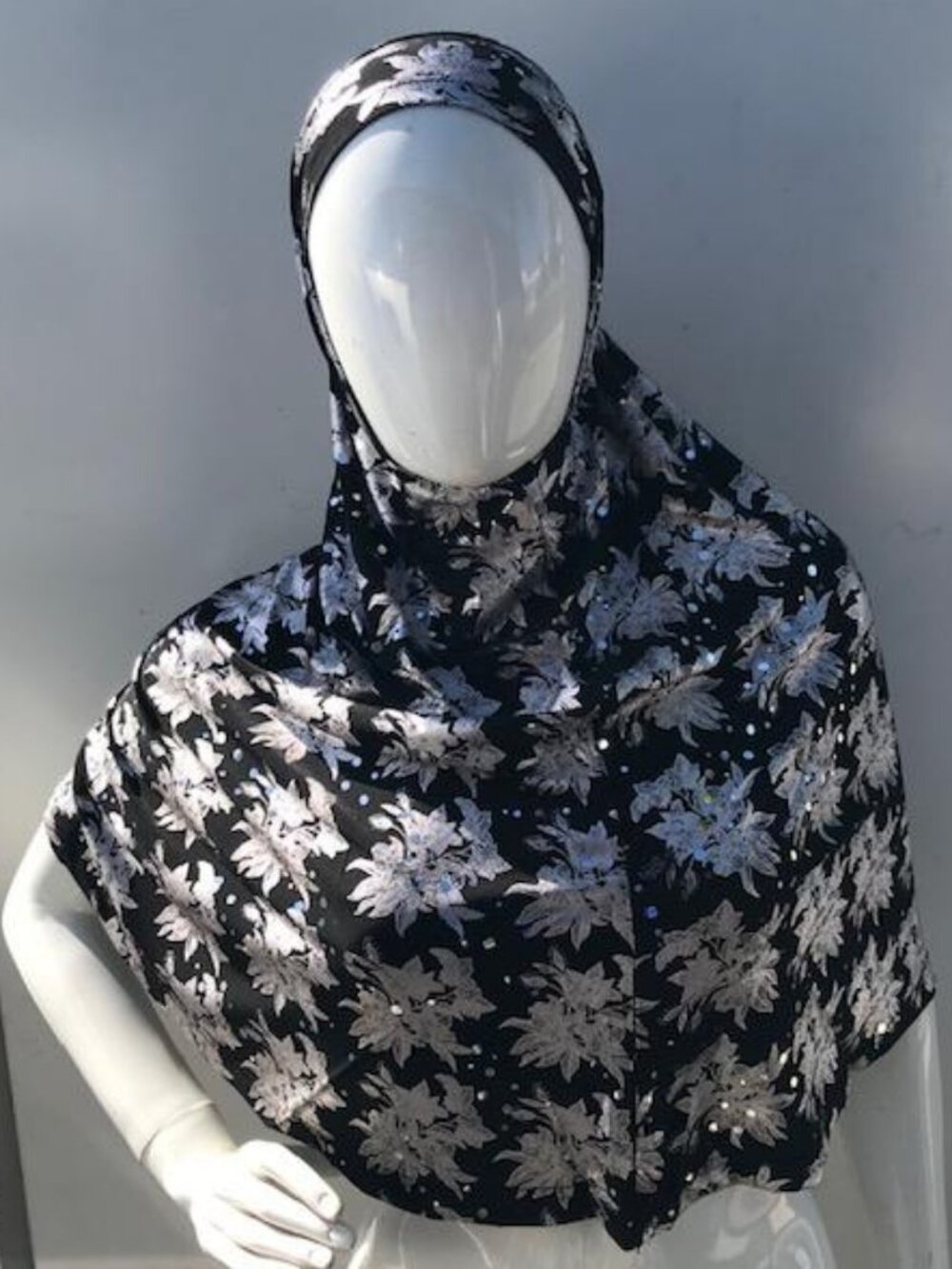 Black with Silver Flowers 2 Piece Adult Long Instant Hijab